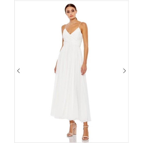 New MAC DUGGAL 2650 (XL) White Chiffon Spaghetti Strap Pleated Bodice Midi Dress - Picture 14 of 16